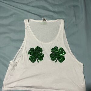 PINK Victoria's Secret St. Pattys White Green Sequin Crop Tank Top